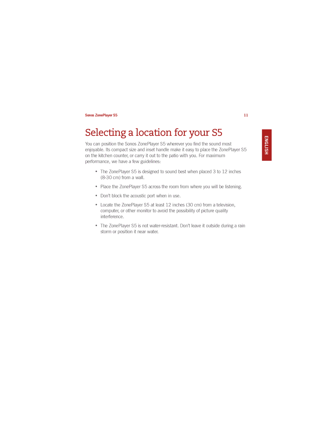 Sonos manual Selecting a location for your S5 