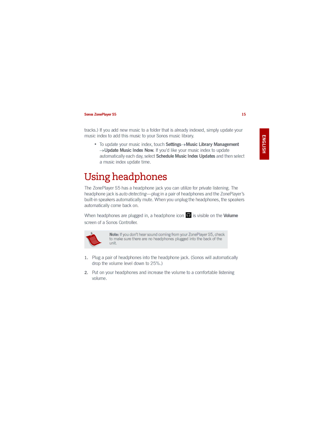 Sonos S5 manual Using headphones 