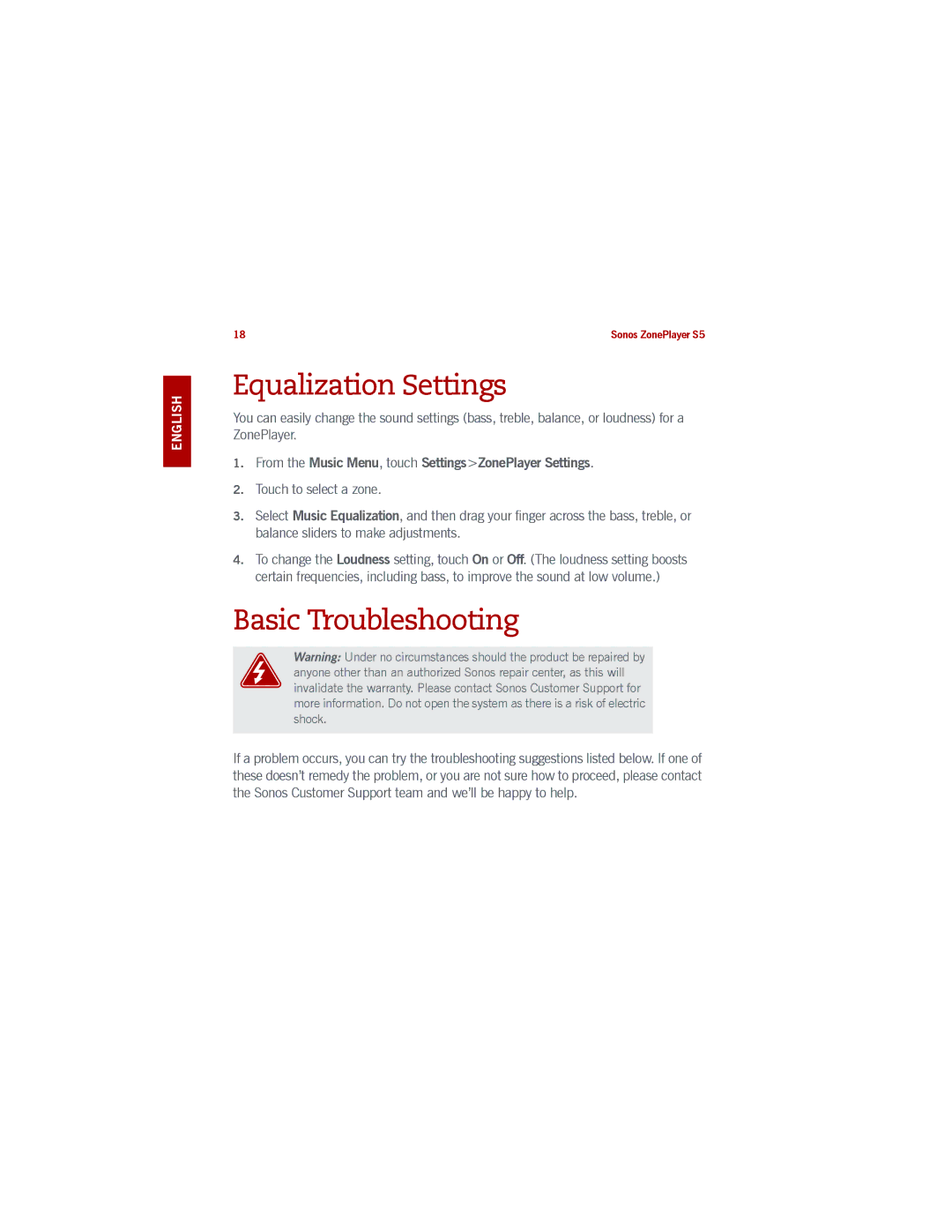 Sonos S5 manual Equalization Settings, Basic Troubleshooting, From the Music Menu, touch SettingsZonePlayer Settings 