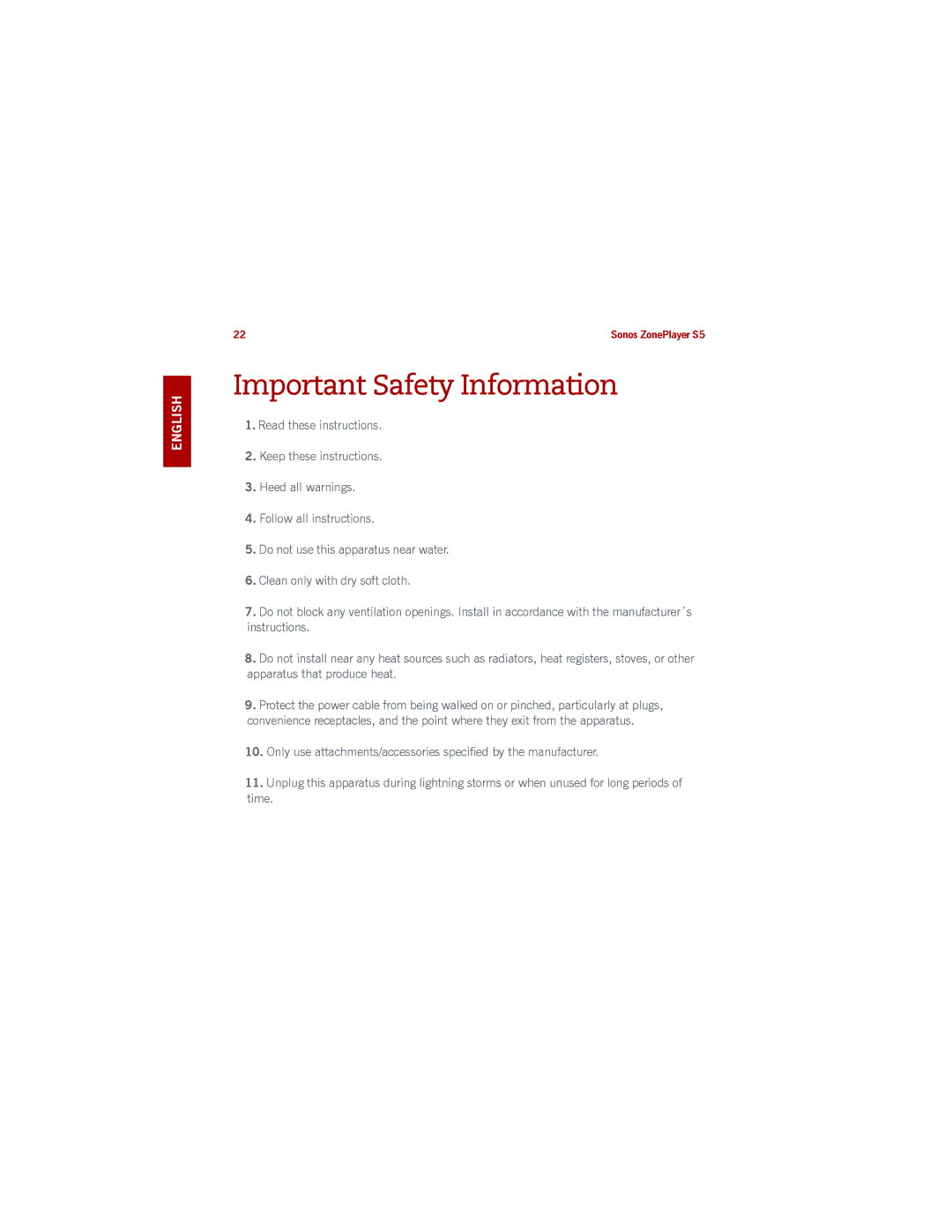 Sonos S5 manual Important Safety Information 