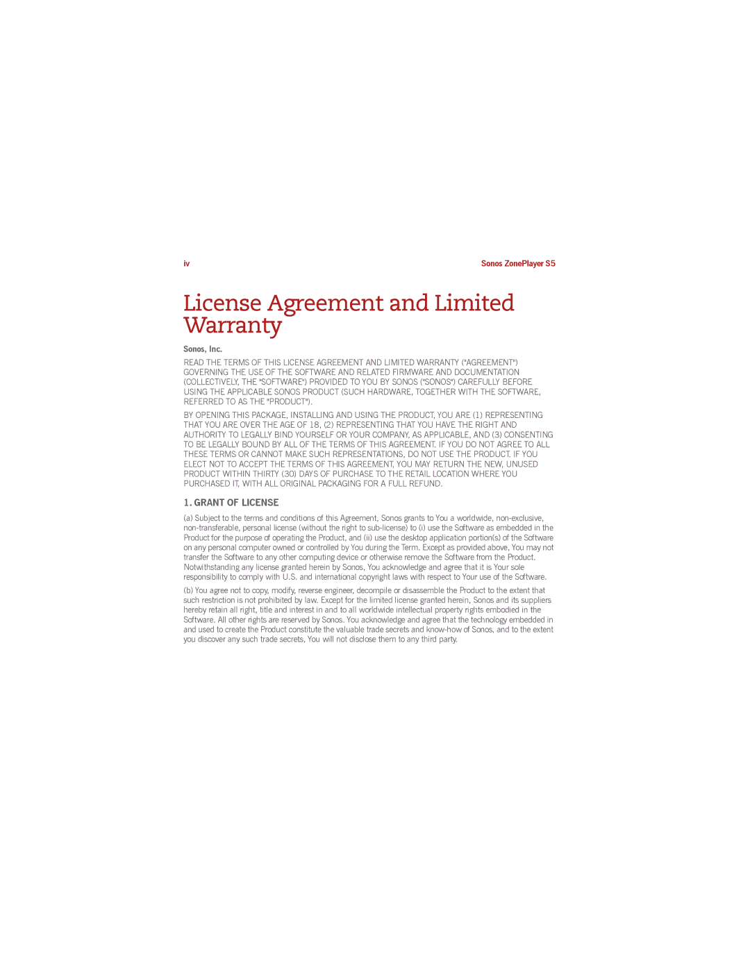 Sonos S5 manual License Agreement and Limited Warranty, Sonos, Inc 