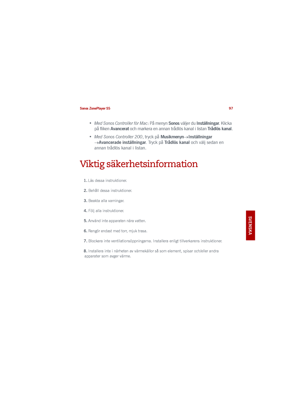 Sonos S5 manual Viktig säkerhetsinformation, Svenska Deutsch Nederlands Svenska 
