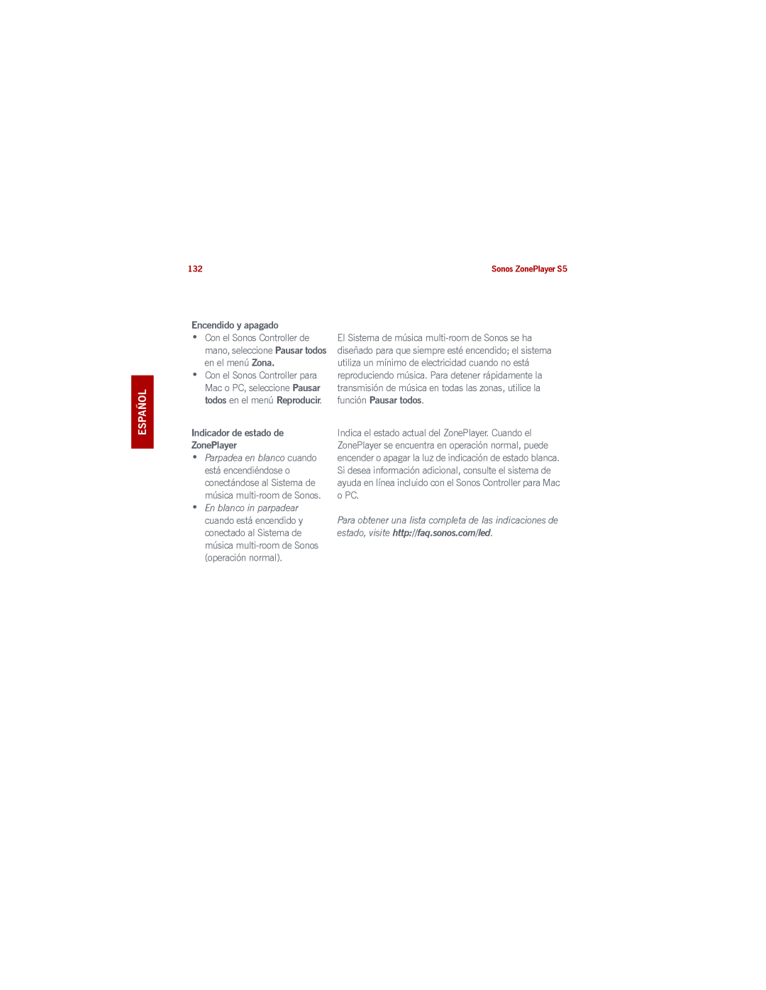 Sonos S5 manual Svenska Nederlands Español, Encendido y apagado, Indicador de estado de ZonePlayer 