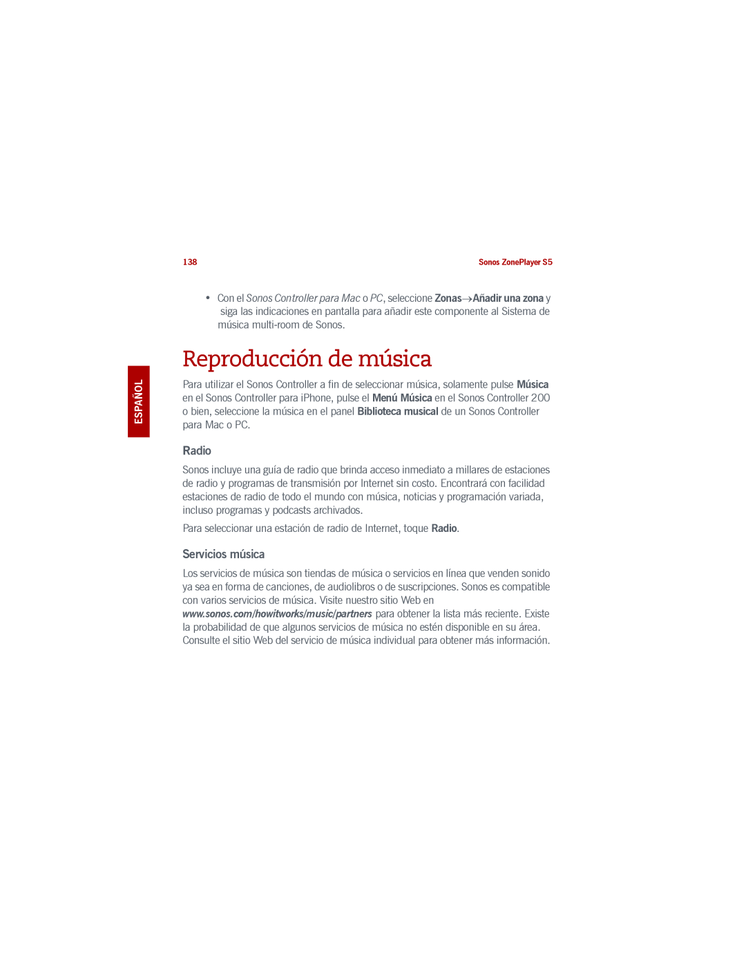 Sonos S5 manual Reproducción de música, Radio, Servicios música 