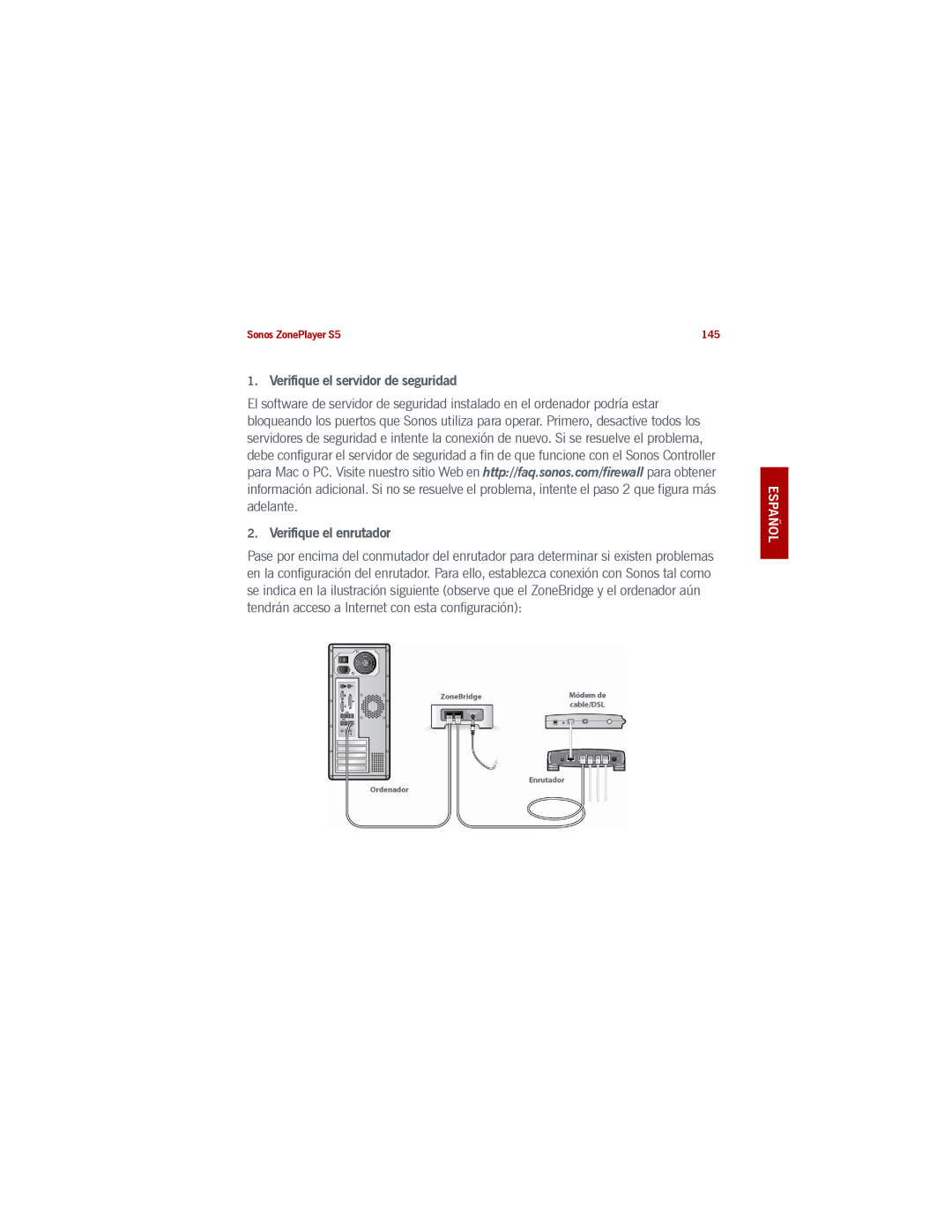 Sonos manual Verifique el servidor de seguridad, Verifique el enrutador, Español Nederlands Svenska, Sonos ZonePlayer S5 