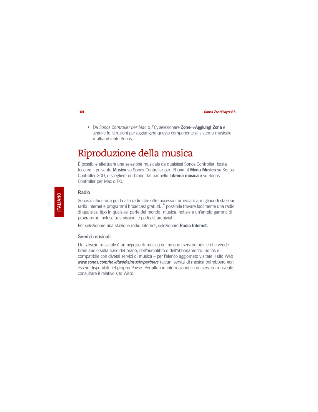Sonos S5 manual Riproduzione della musica, Radio, Servizi musicali, Svenska Italiano 