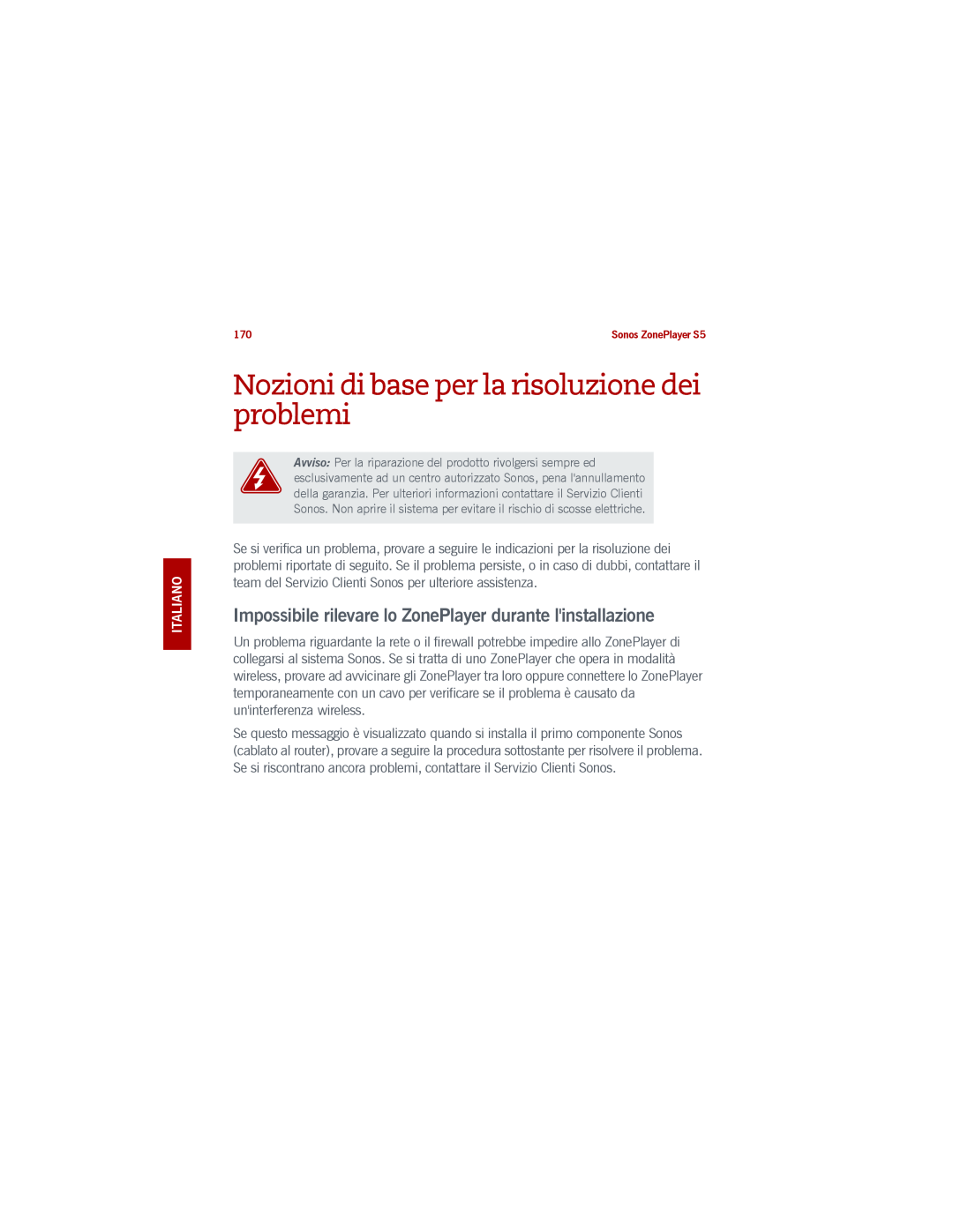Sonos S5 manual Nozioni di base per la risoluzione dei problemi, Svenska Italiano 