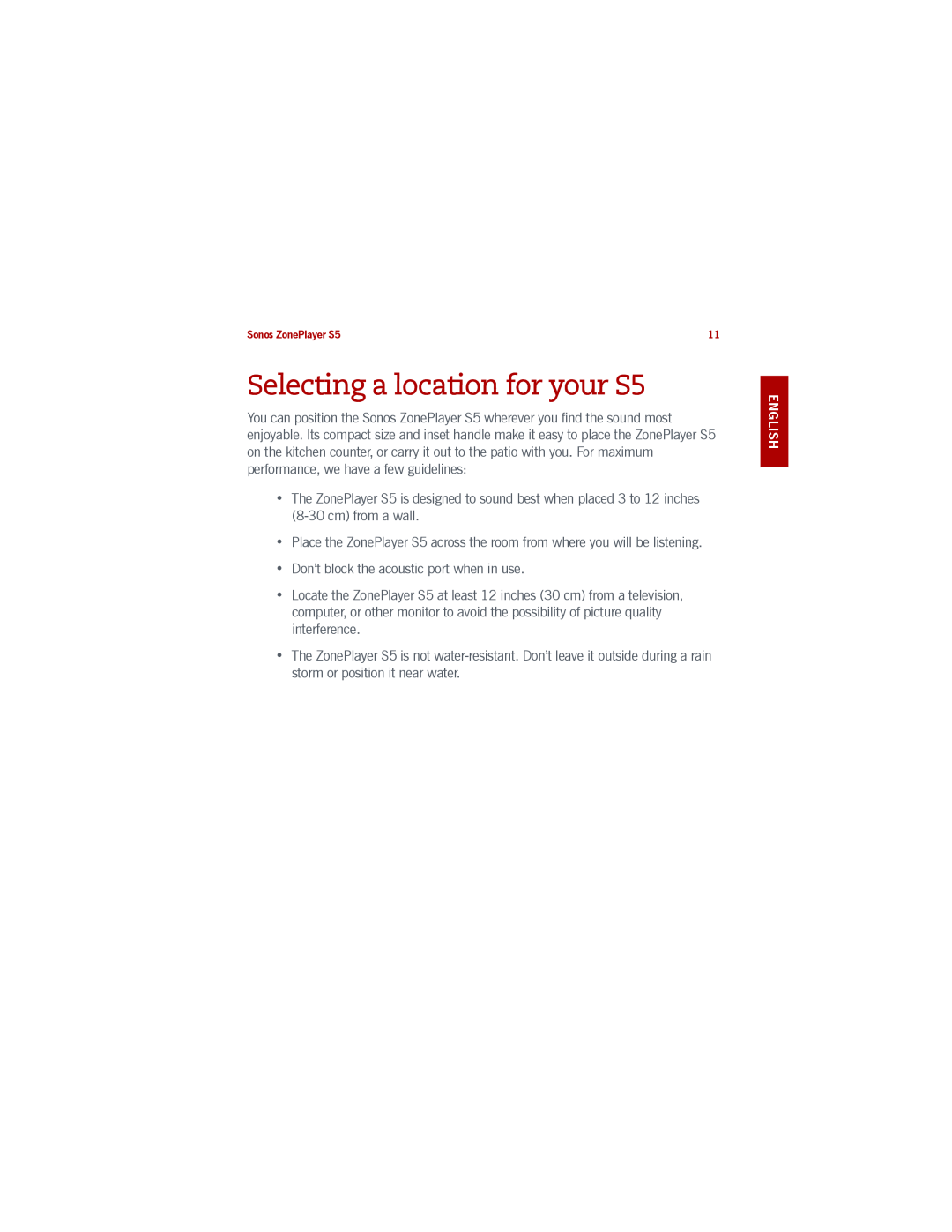 Sonos manual Selecting a location for your S5 