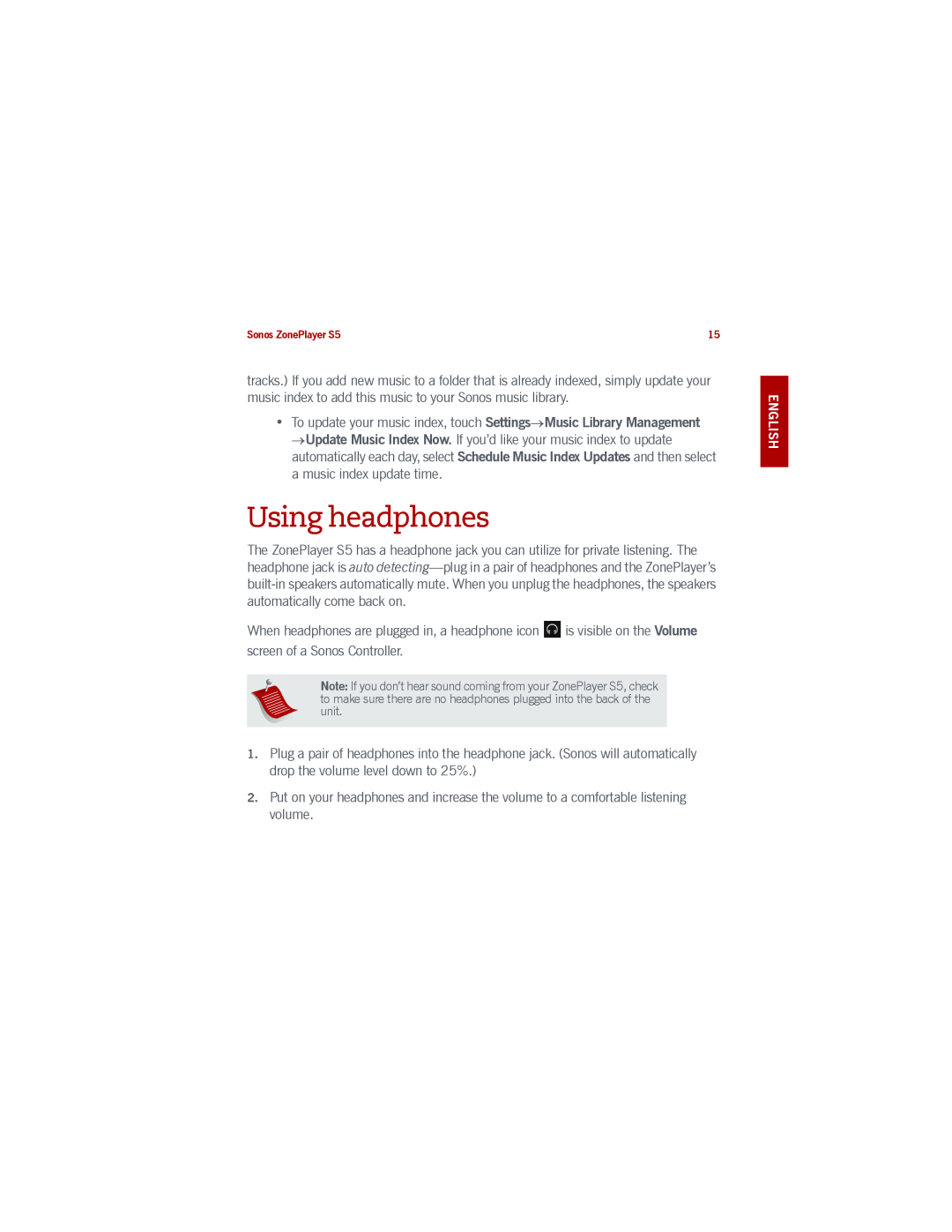 Sonos manual Using headphones, Sonos ZonePlayer S5 