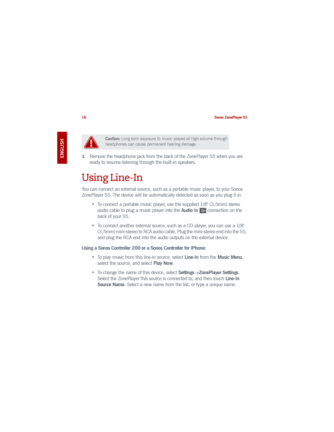Sonos S5 manual Using Line-In 