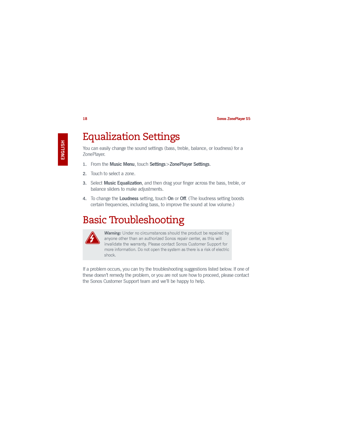 Sonos S5 manual Equalization Settings, Basic Troubleshooting 