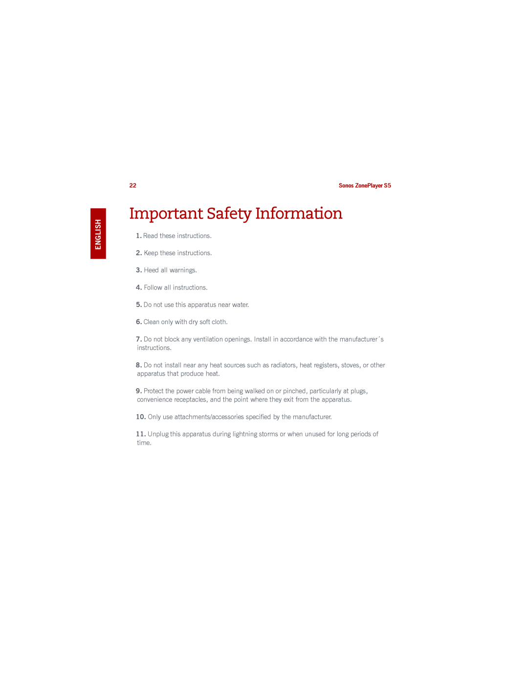 Sonos S5 manual Important Safety Information, Svenska Nederlands Deutsch English 