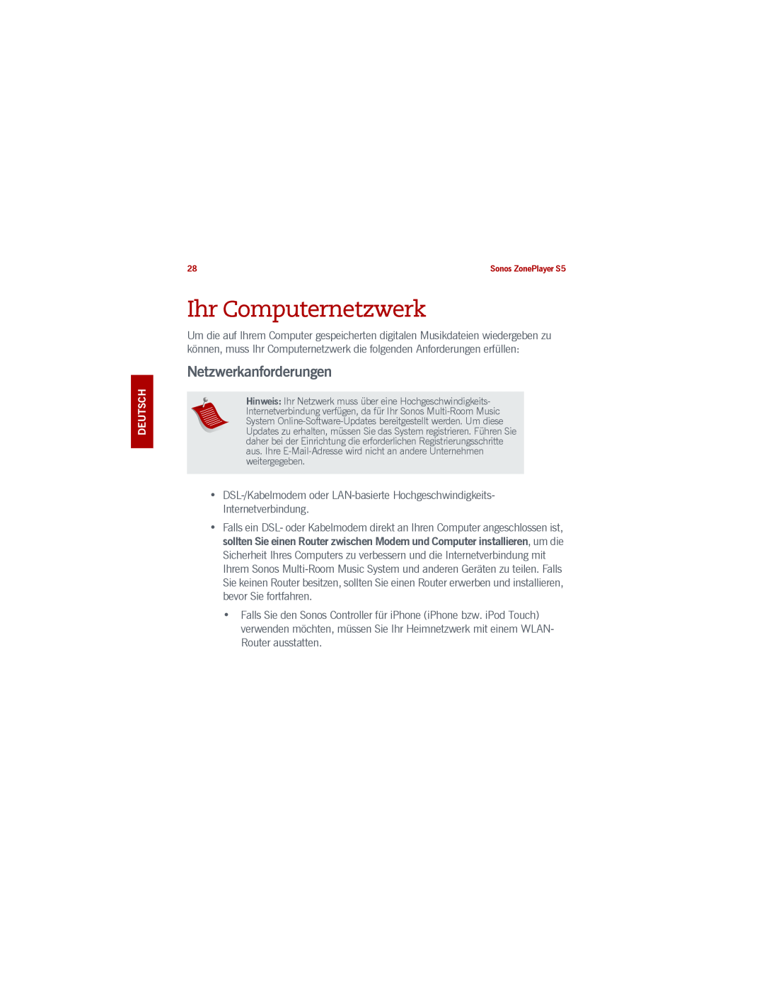 Sonos S5 manual Ihr Computernetzwerk, Netzwerkanforderungen 