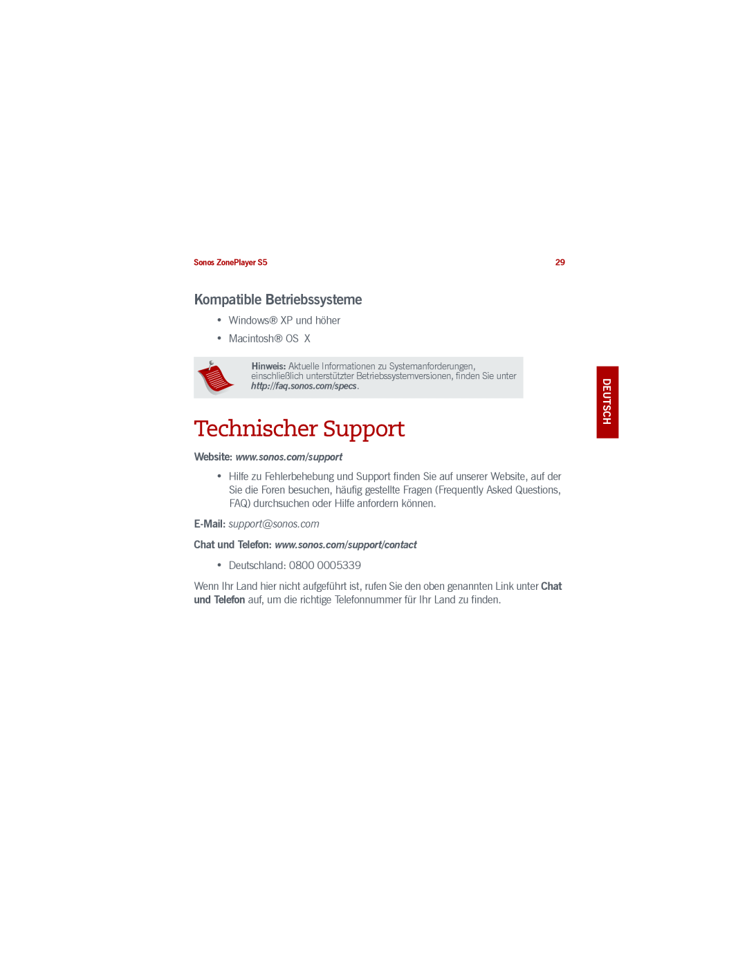 Sonos S5 manual Technischer Support, Deutsch Deutsch Nederlands Svenska 