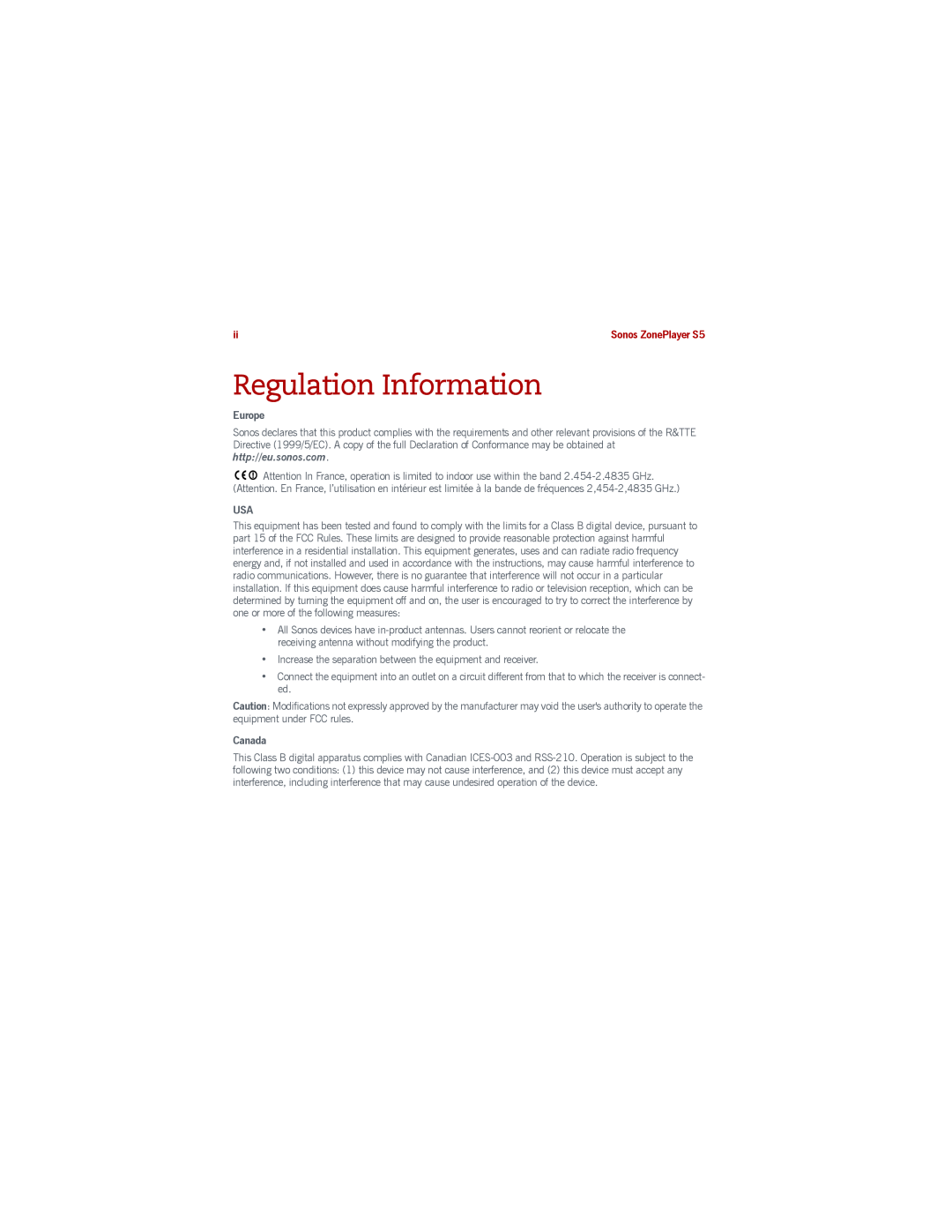 Sonos S5 manual Regulation Information, English, Europe, Canada 