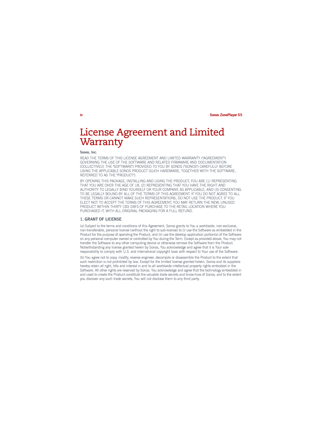 Sonos manual License Agreement and Limited Warranty, English, Grant Of License, Sonos, Inc, Sonos ZonePlayer S5 
