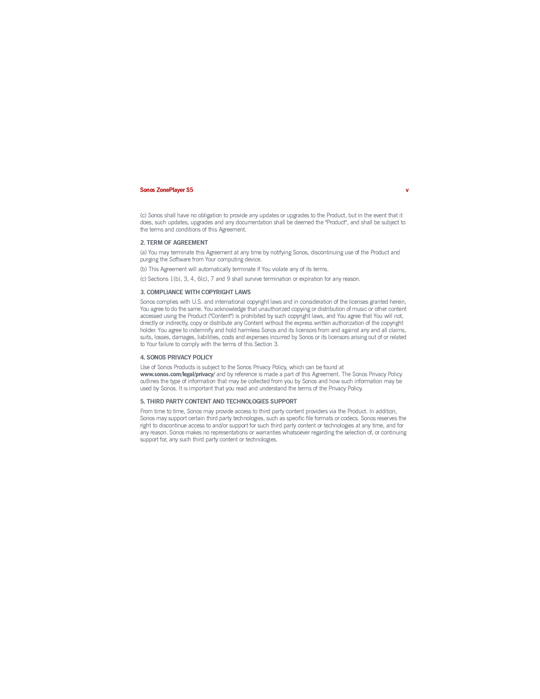 Sonos manual English Deutsch Nederlands Svenska, Sonos ZonePlayer S5, Term Of Agreement, Compliance With Copyright Laws 