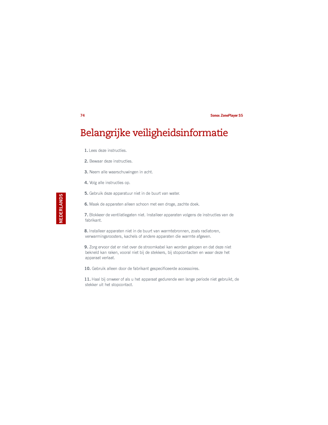 Sonos S5 manual Belangrijke veiligheidsinformatie, Nederlands Zweeds Nederlands 