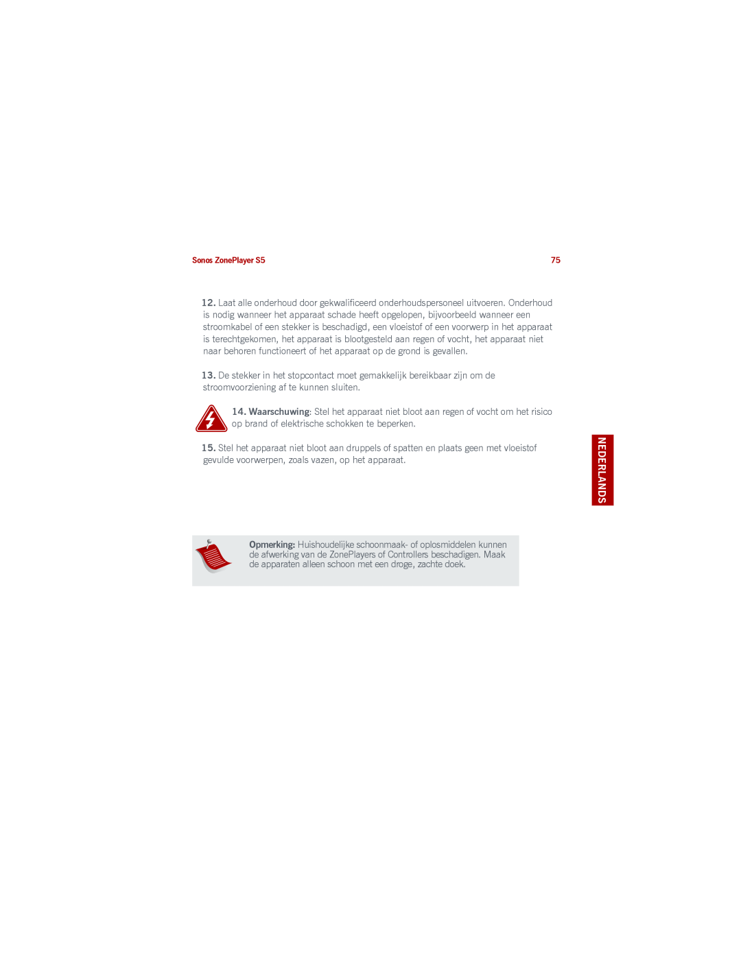 Sonos S5 manual op brand of elektrische schokken te beperken, Nederlands Duits Nederlands Zweeds 