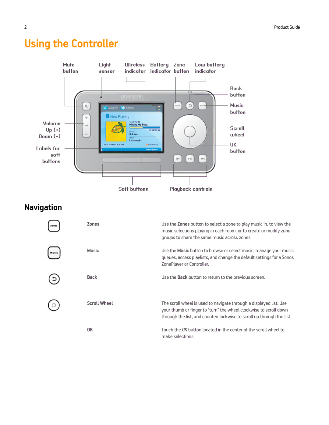 Sonos Sonos Controller 100 manual Using the Controller, Navigation 