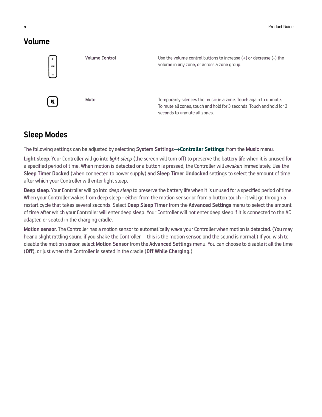 Sonos Sonos Controller 100 manual Sleep Modes, Volume Control, Mute 