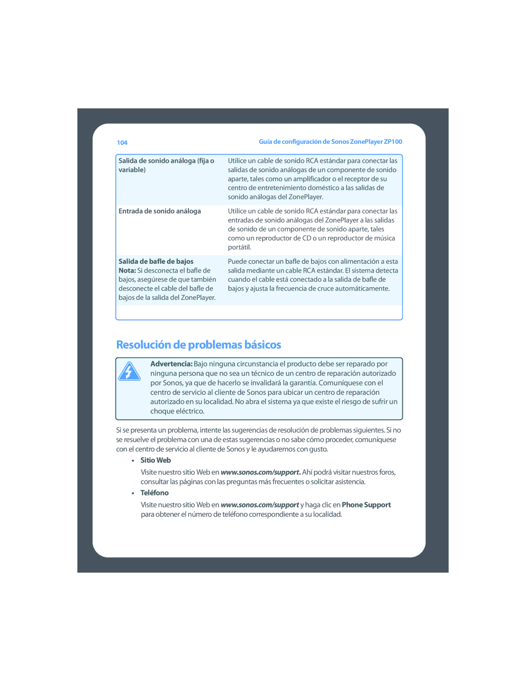 Sonos ZP100 setup guide Resolución de problemas básicos, Sitio Web Teléfono 