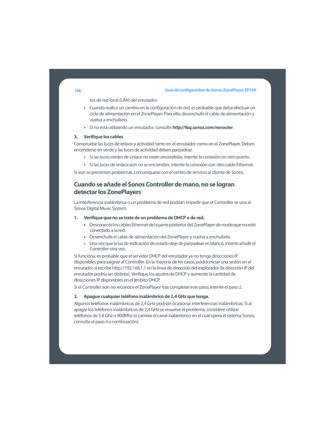 Sonos ZP100 setup guide Verifique los cables, Verifique que no se trate de un problema de Dhcp o de red 