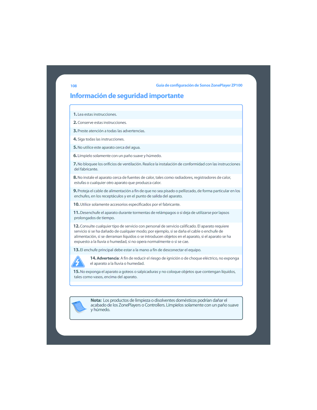 Sonos ZP100 setup guide Información de seguridad importante 