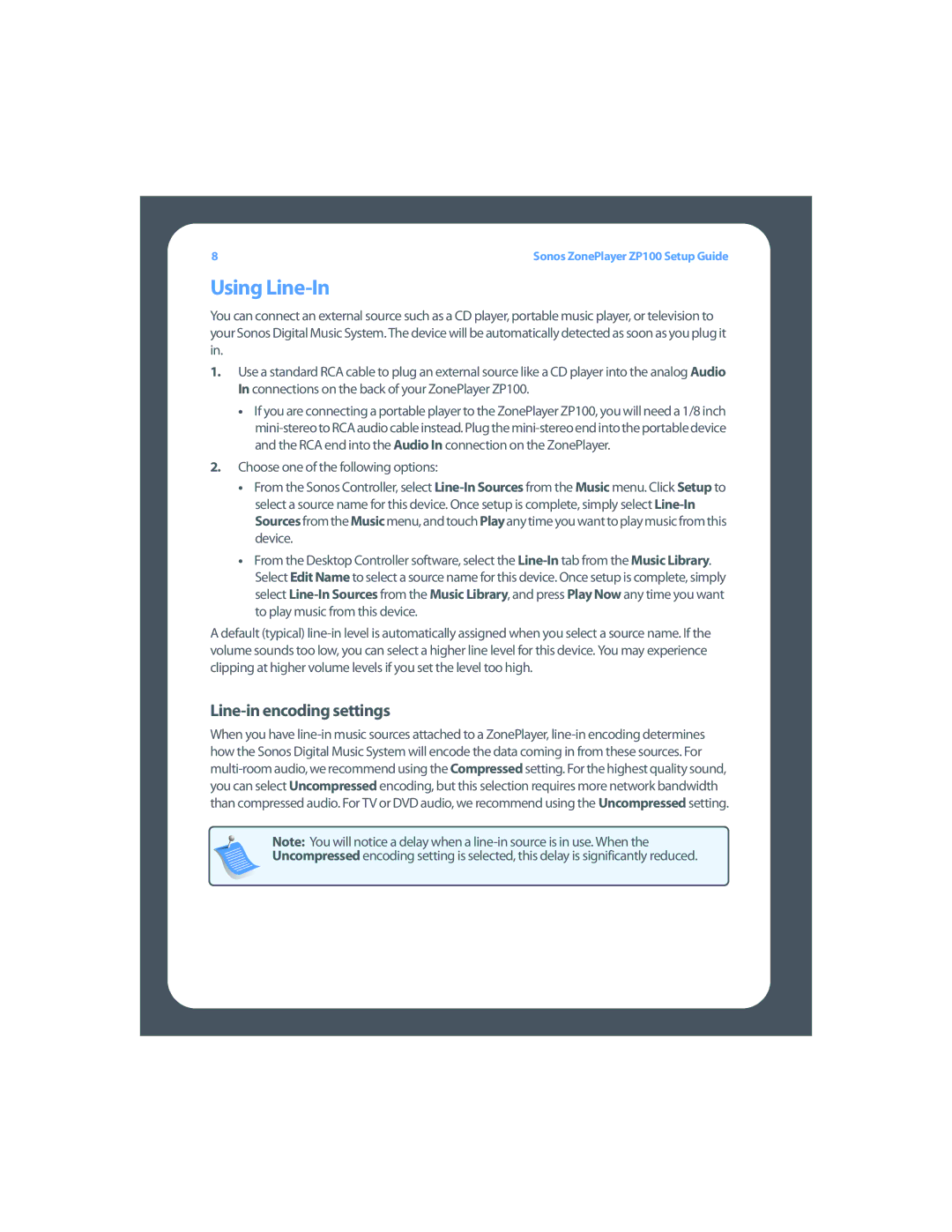 Sonos ZP100 setup guide Using Line-In, Line-in encoding settings 