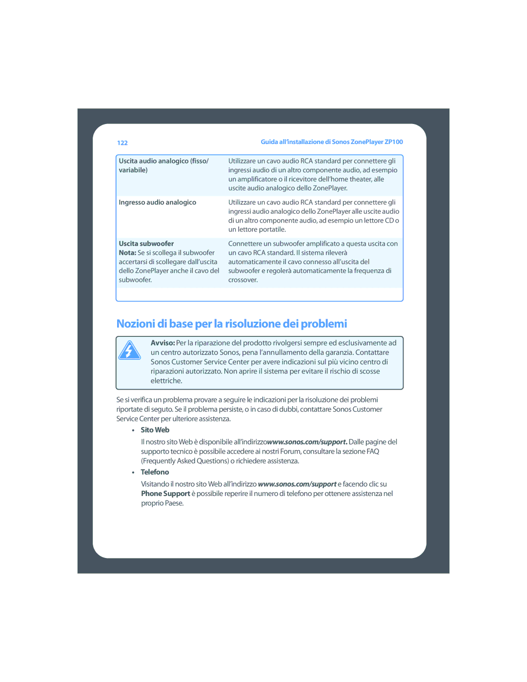 Sonos ZP100 setup guide Nozioni di base per la risoluzione dei problemi, Uscita audio analogico fisso/ variabile 