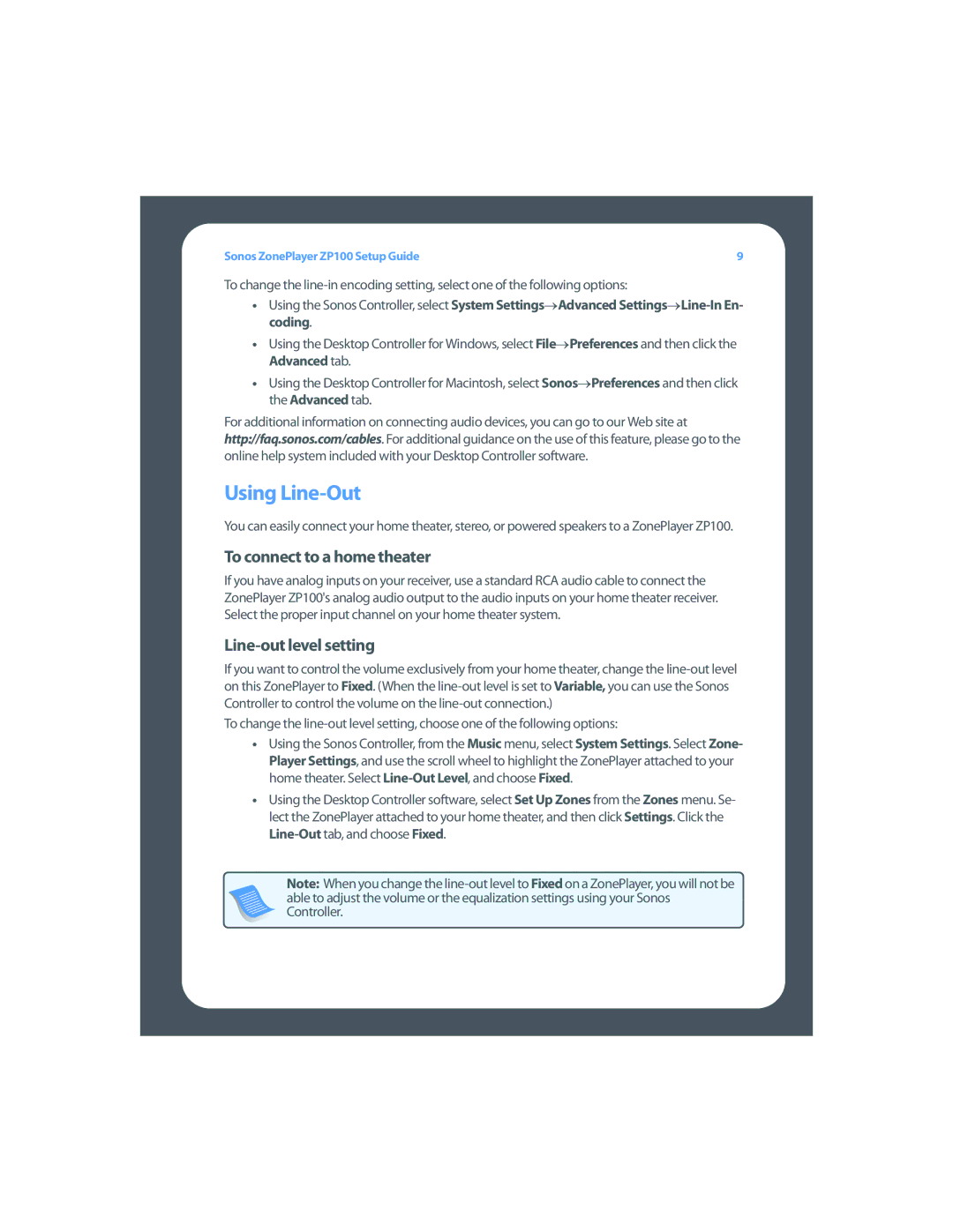 Sonos ZP100 setup guide Using Line-Out, To connect to a home theater, Line-out level setting 