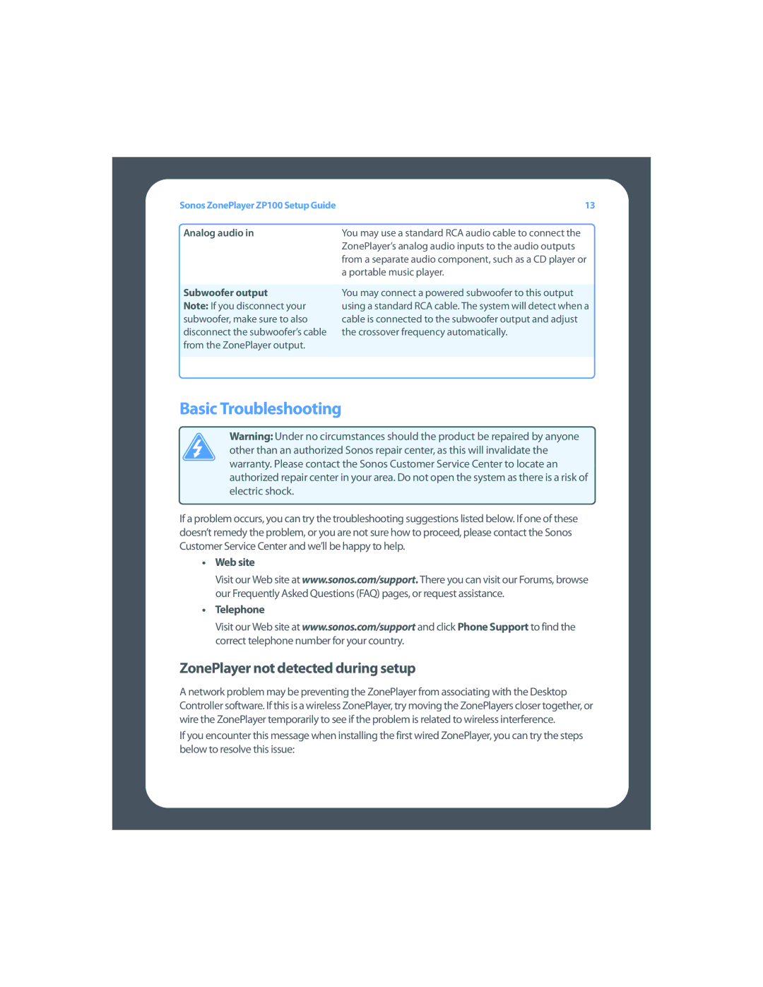 Sonos ZP100 setup guide Basic Troubleshooting, ZonePlayer not detected during setup, Analog audio, Subwoofer output 