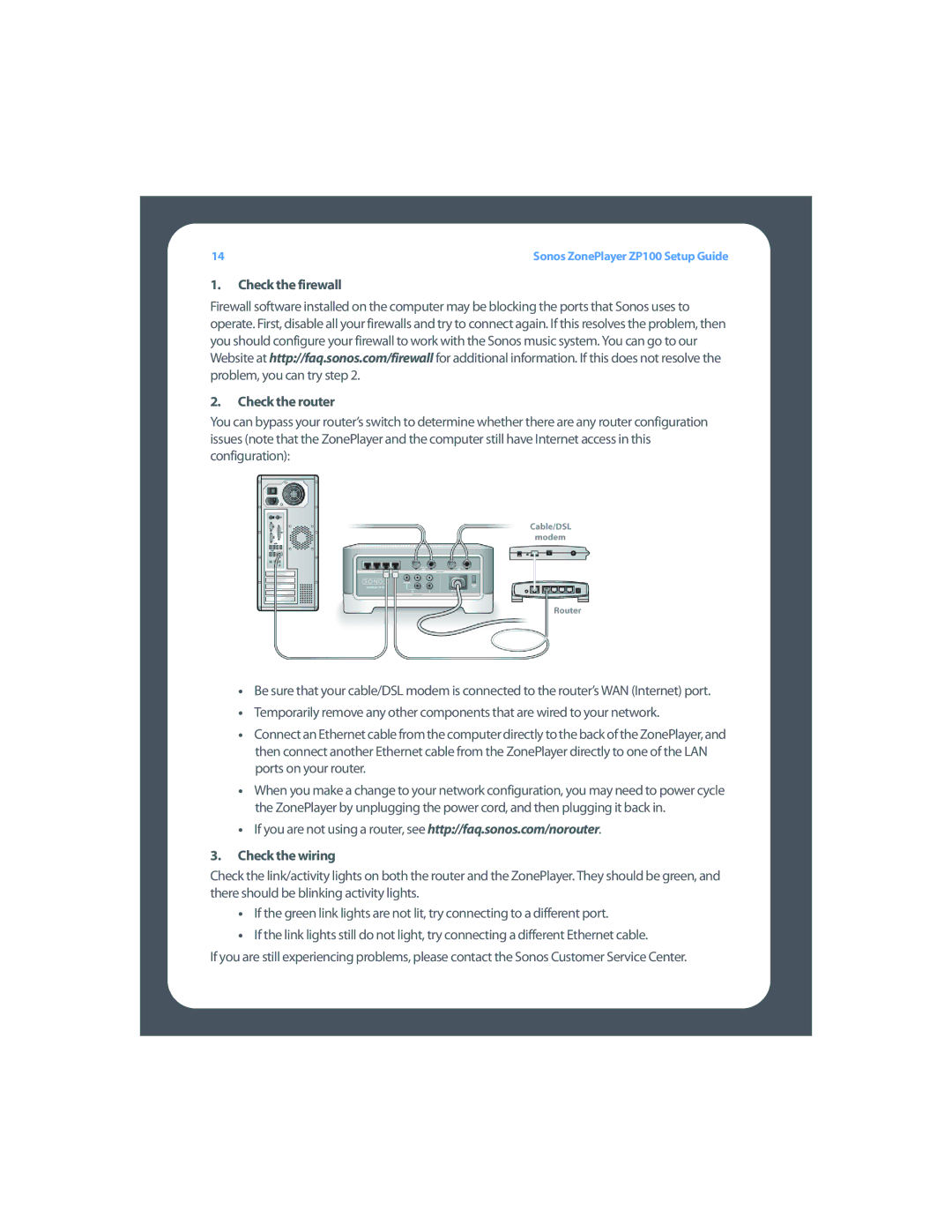 Sonos ZP100 setup guide Check the firewall Check the router, Check the wiring 