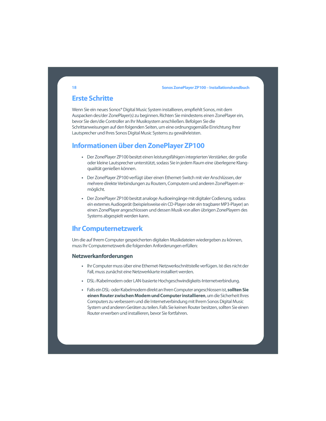 Sonos setup guide Erste Schritte, Informationen über den ZonePlayer ZP100, Ihr Computernetzwerk, Netzwerkanforderungen 