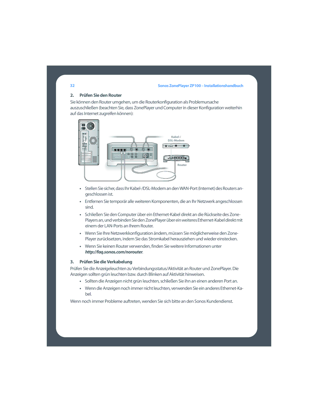 Sonos ZP100 setup guide Prüfen Sie den Router, Prüfen Sie die Verkabelung 