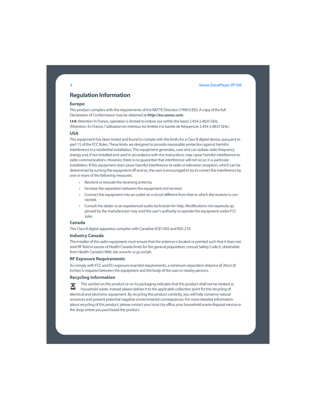 Sonos ZP100 setup guide Regulation Information, Europe, Industry Canada RF Exposure Requirements, Recycling Information 
