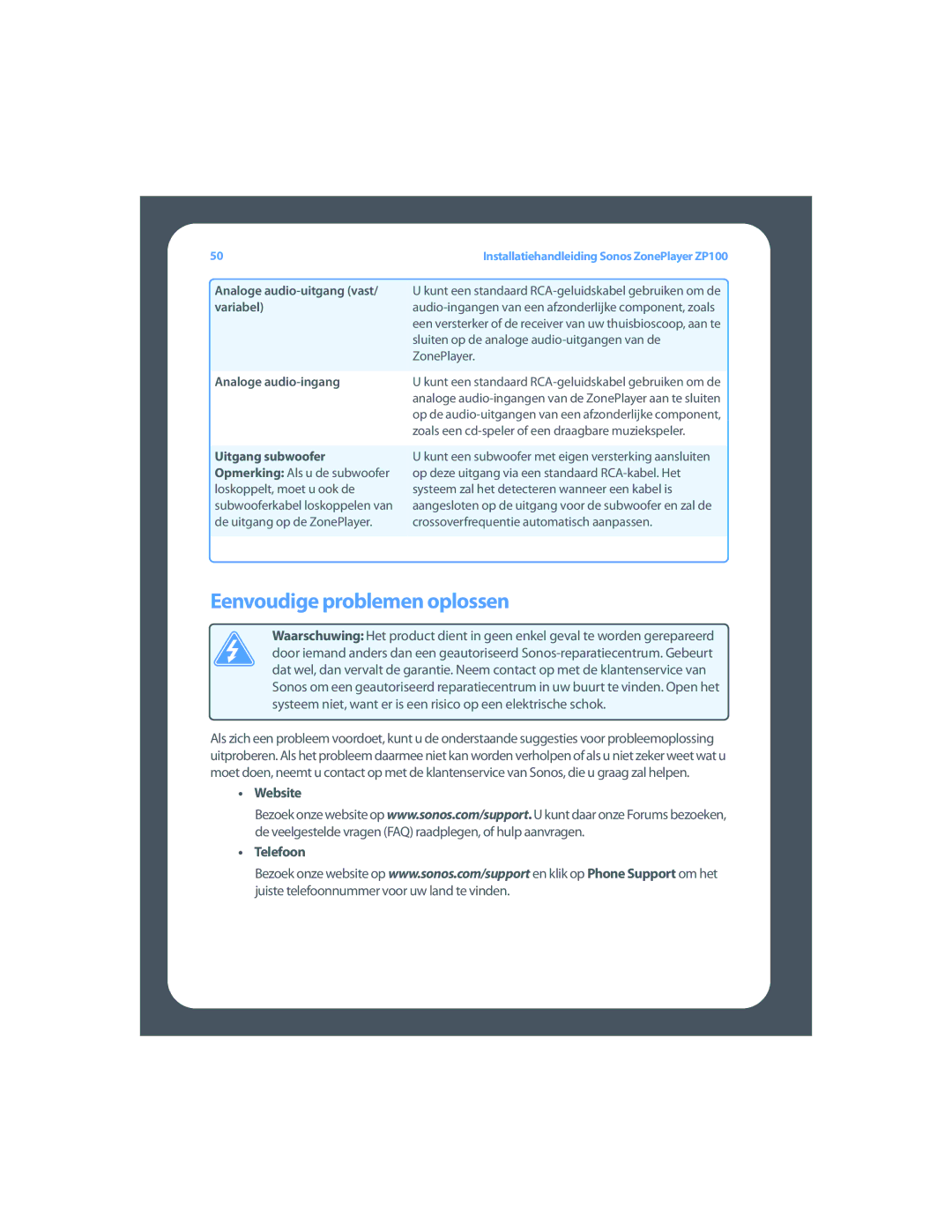 Sonos ZP100 setup guide Eenvoudige problemen oplossen, Analoge audio-uitgang vast/ variabel Analoge audio-ingang 