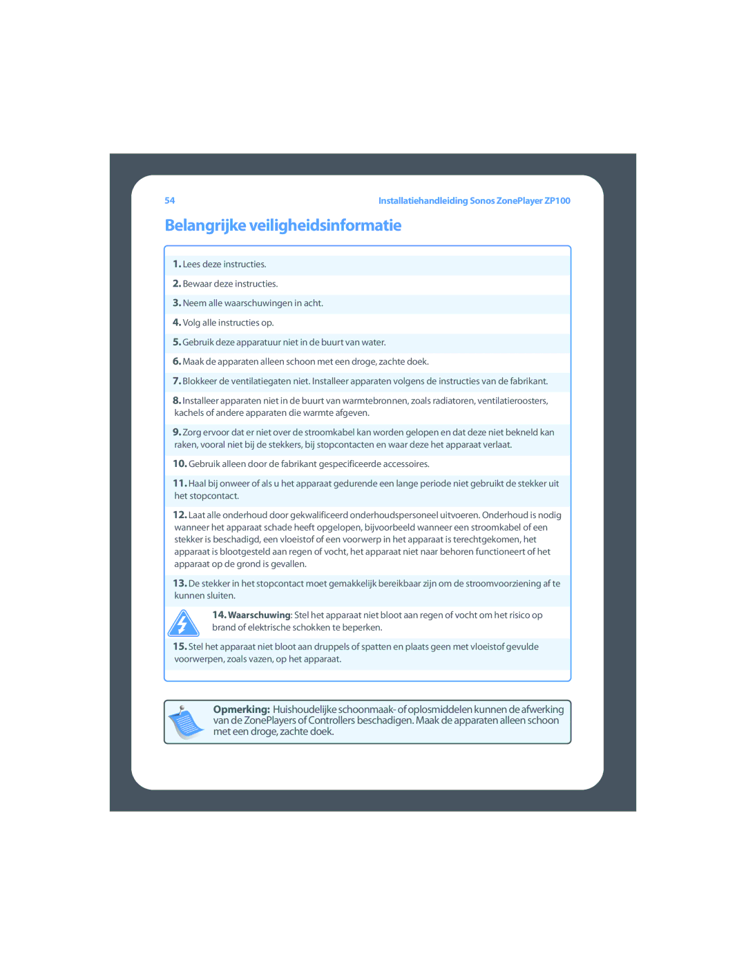 Sonos ZP100 setup guide Belangrijke veiligheidsinformatie 