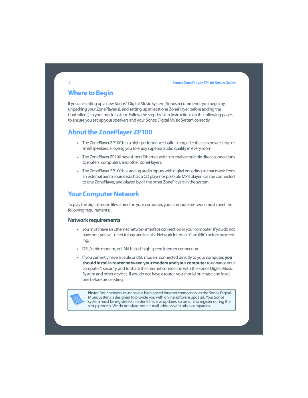 Sonos setup guide Where to Begin, About the ZonePlayer ZP100, Your Computer Network, Network requirements 