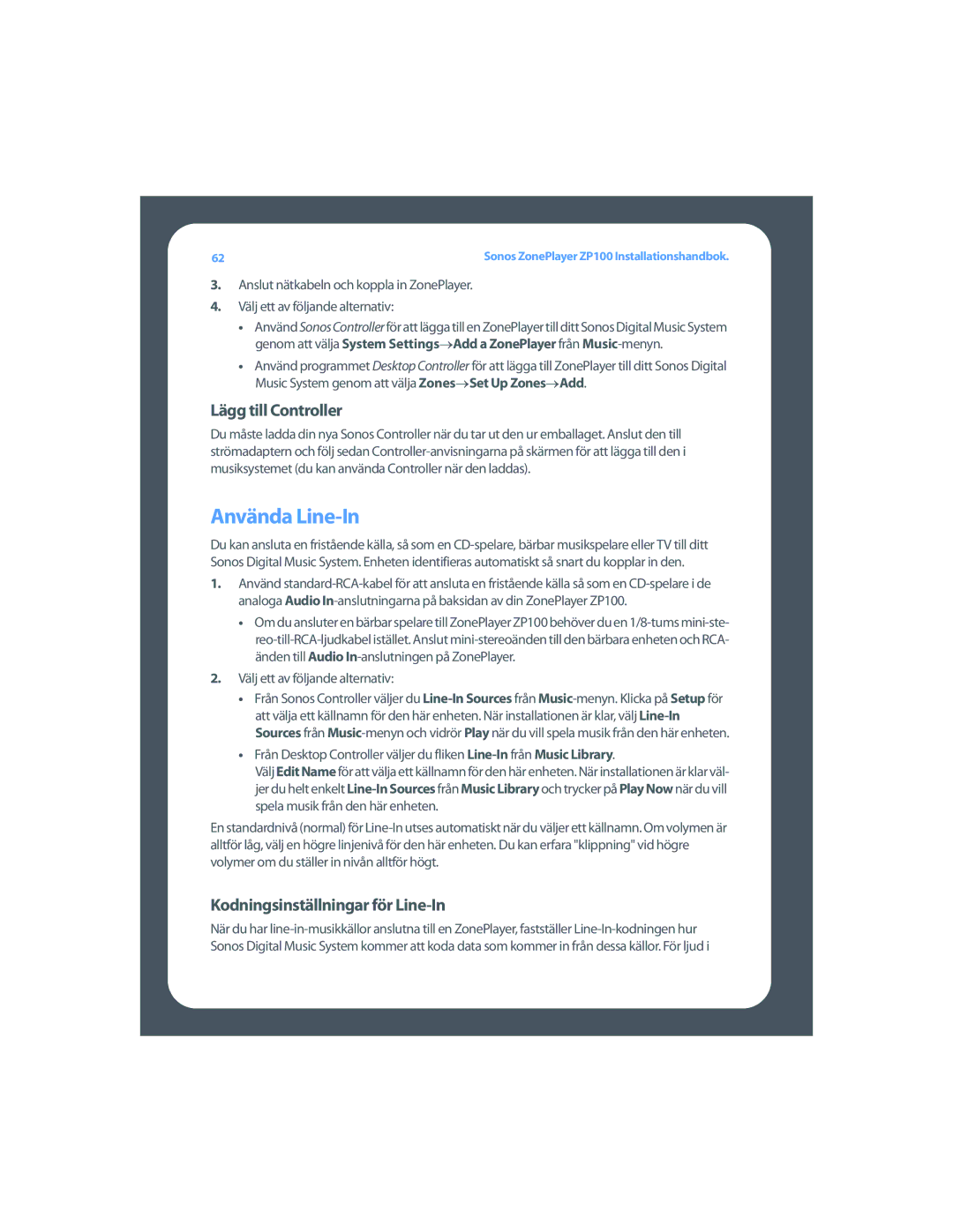 Sonos ZP100 setup guide Använda Line-In, Lägg till Controller, Kodningsinställningar för Line-In 