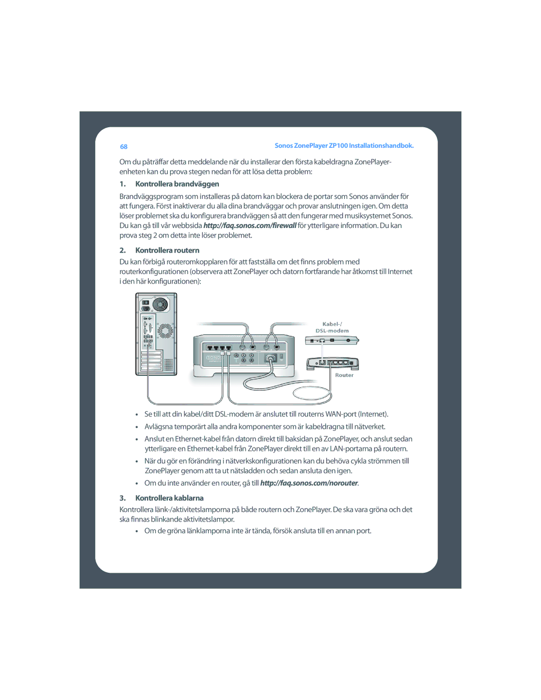 Sonos ZP100 setup guide Kontrollera brandväggen Kontrollera routern, Kontrollera kablarna 