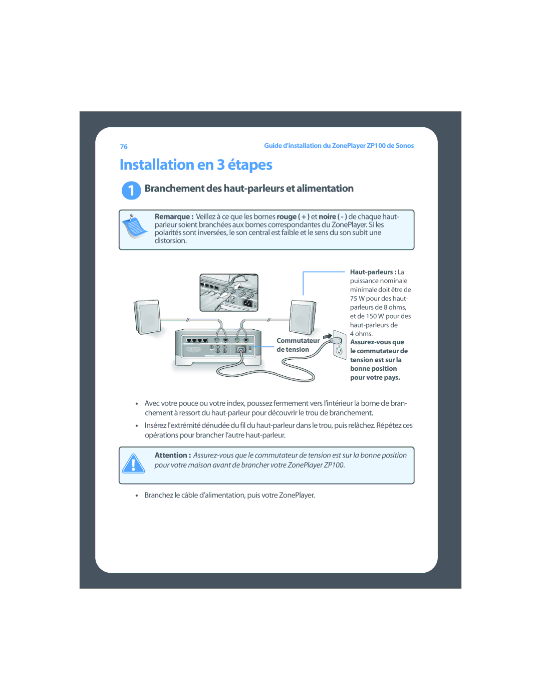 Sonos ZP100 setup guide Branchement des haut-parleurs et alimentation, Haut-parleurs La 