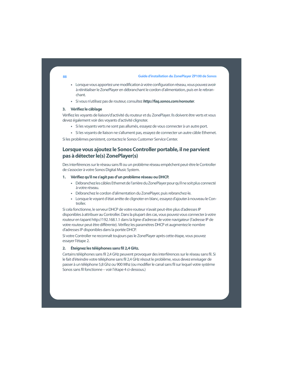 Sonos ZP100 setup guide Vérifiez le câblage, Vérifiez quil ne s’agit pas d’un problème réseau ou Dhcp 