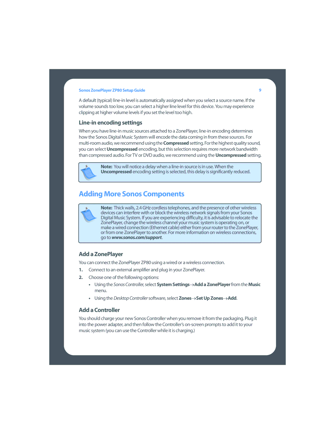 Sonos ZP80 setup guide Adding More Sonos Components, Line-in encoding settings, Add a ZonePlayer, Add a Controller 