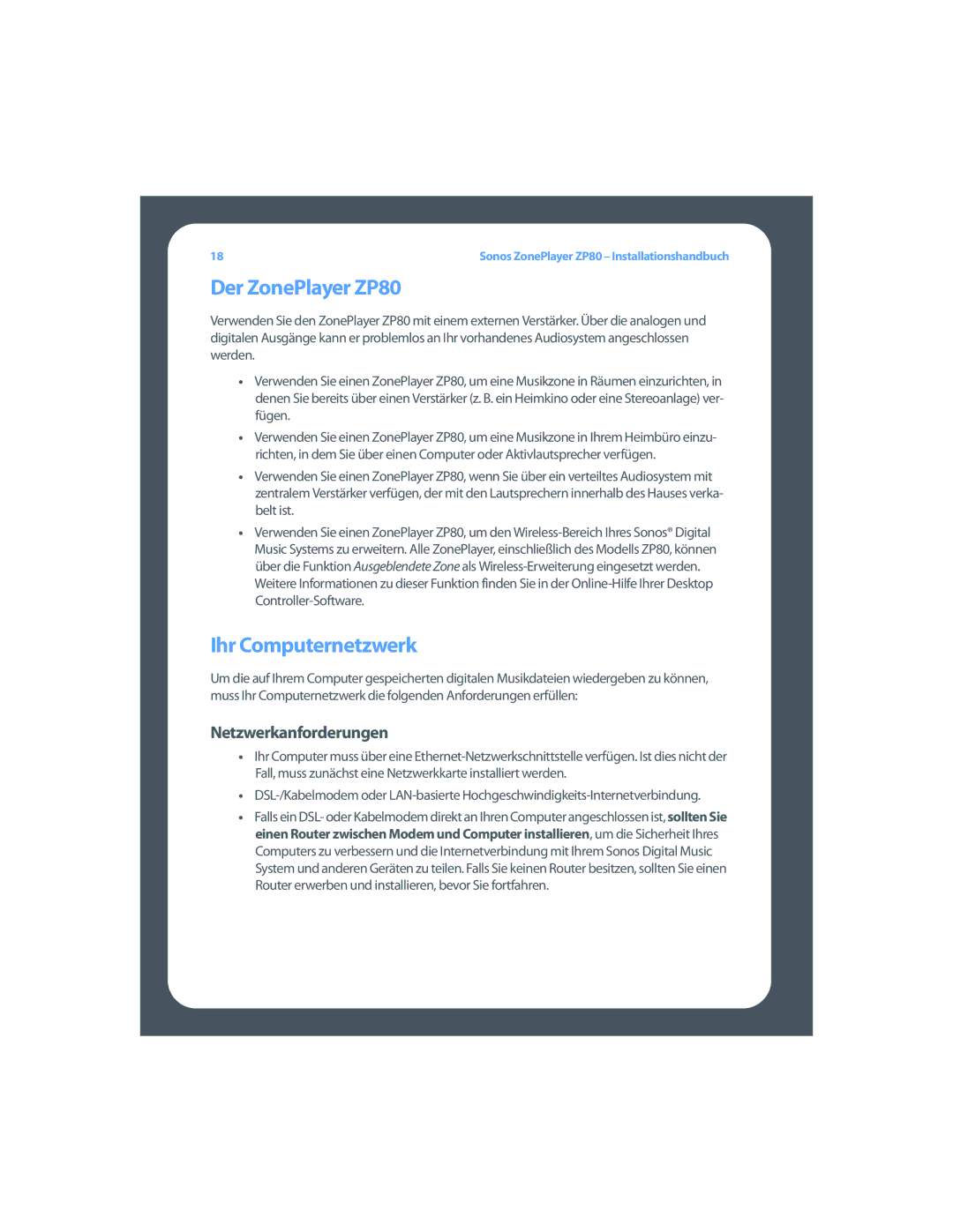 Sonos setup guide Der ZonePlayer ZP80, Ihr Computernetzwerk, Netzwerkanforderungen 