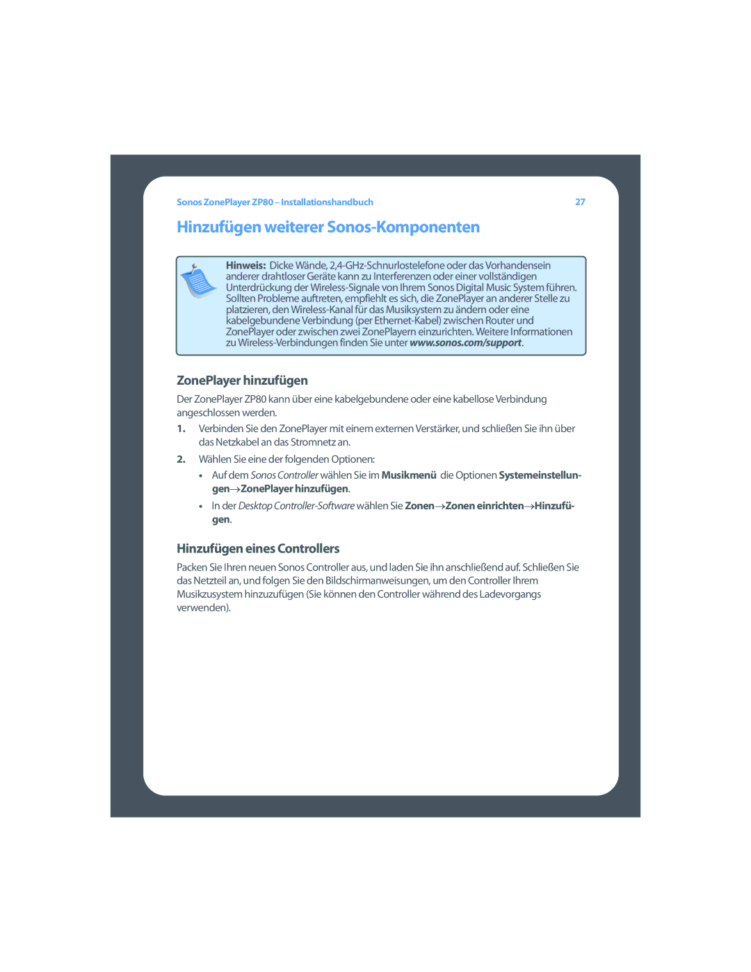 Sonos ZP80 setup guide Hinzufügen weiterer Sonos-Komponenten, ZonePlayer hinzufügen, Hinzufügen eines Controllers 