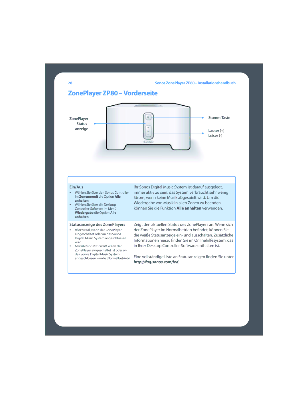Sonos setup guide ZonePlayer ZP80 Vorderseite, Status Anzeige Lauter + Leiser Ein/Aus 