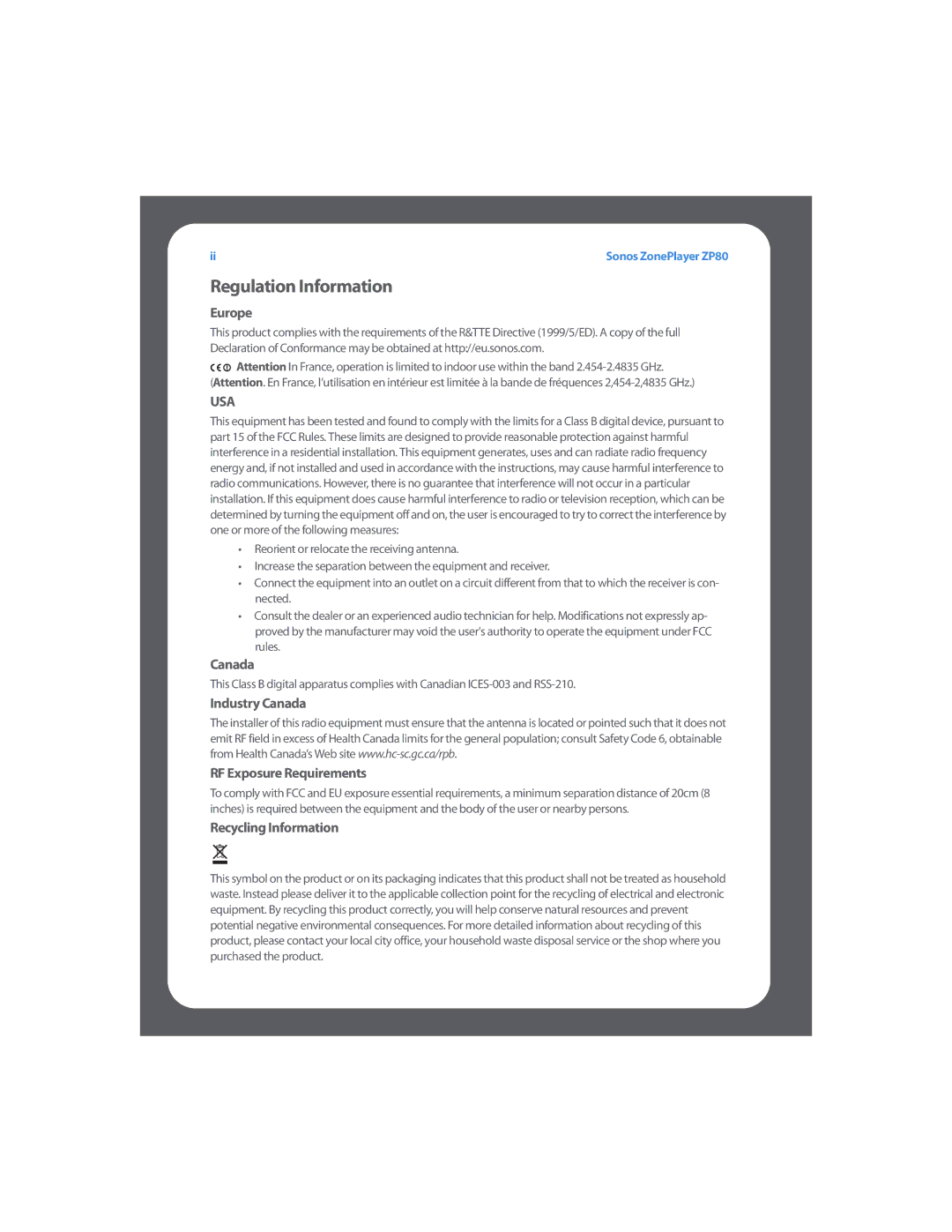 Sonos ZP80 setup guide Regulation Information, Europe, Industry Canada RF Exposure Requirements, Recycling Information 