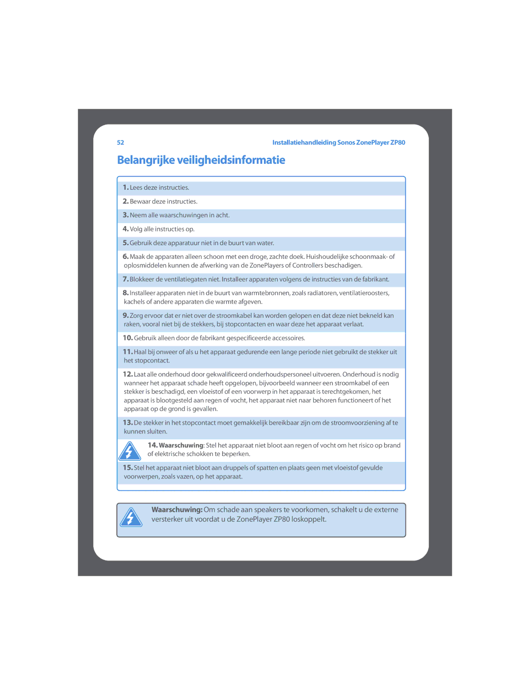 Sonos ZP80 setup guide Belangrijke veiligheidsinformatie 