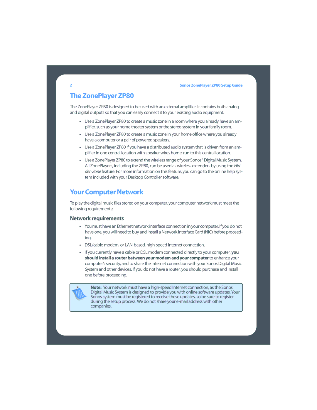 Sonos setup guide ZonePlayer ZP80, Your Computer Network, Network requirements 